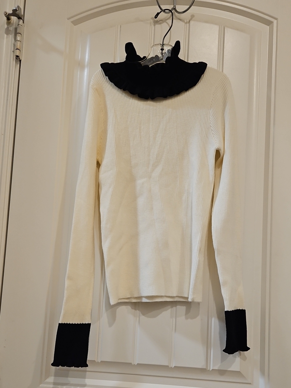Fashion Nova Cream Ribbed Sweater with Black Ruffle Collar and Cuffs